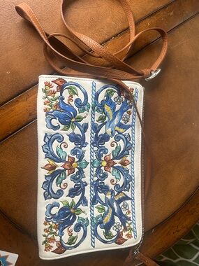 Brighton White Crossbody Bag with Blue Floral Embroidery and Tan Strap